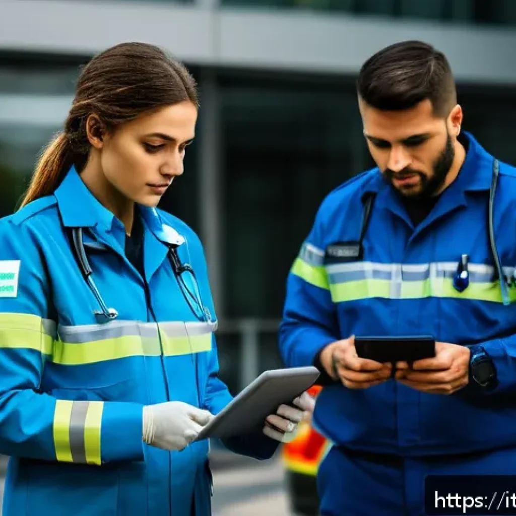응급구조사와 업무 효율화 방안 - A detailed scene of emergency responders equipped with advanced mobile devices such as smartphones a...