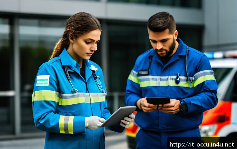 응급구조사와 업무 효율화 방안 - A detailed scene of emergency responders equipped with advanced mobile devices such as smartphones a...