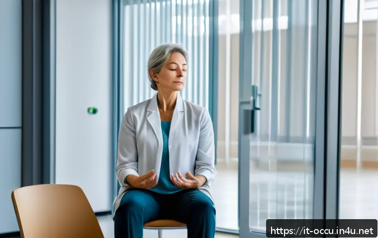 응급구조사와 감정노동 극복 - A professional Italian healthcare worker practicing mindful breathing exercises during a break in a ...