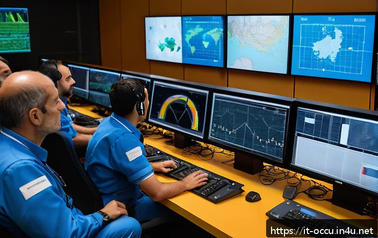 응급구조사 리더십 개발 - A professional emergency response team in a high-pressure control room, communicating clearly and ef...