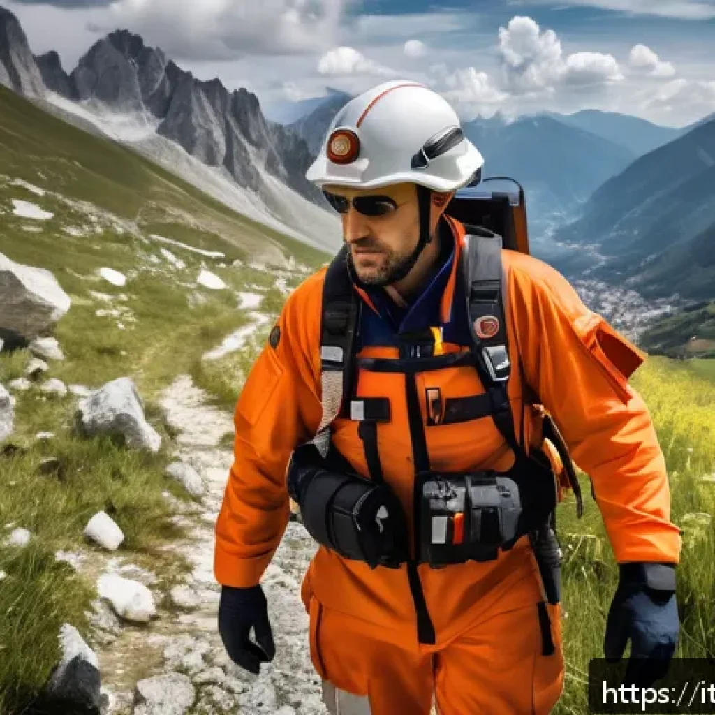 응급구조사 디지털 도구 - A detailed scene of an Italian emergency rescue team operating in a mountainous region, equipped wit...