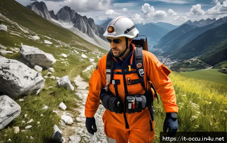 응급구조사 디지털 도구 - A detailed scene of an Italian emergency rescue team operating in a mountainous region, equipped wit...