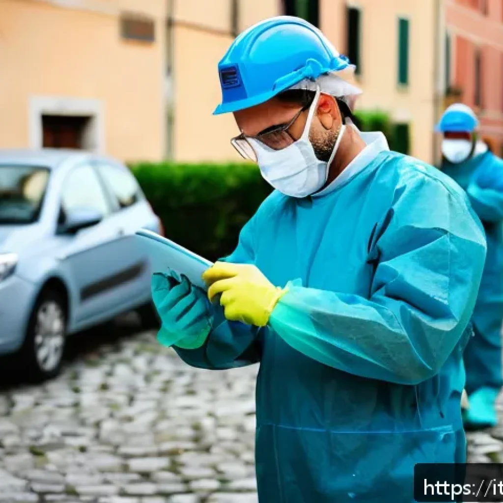 응급구조사와 감염 관리 - A detailed scene of emergency medical personnel preparing for a field intervention in Italy, focusin...