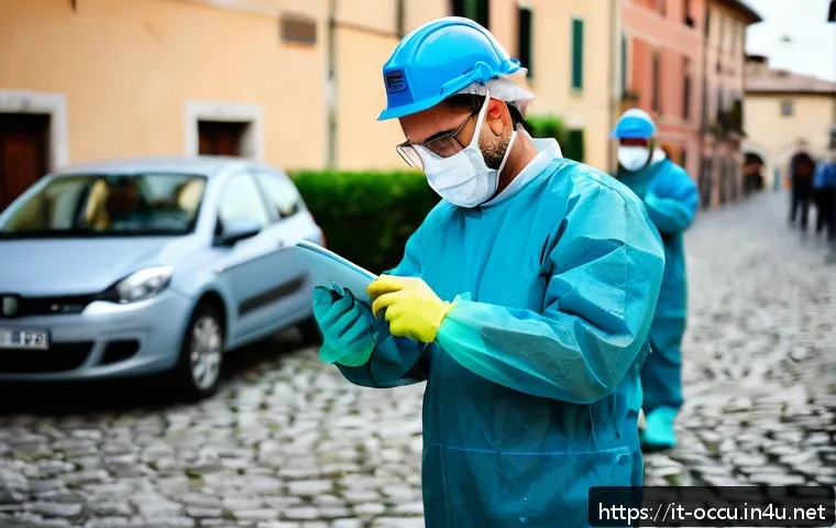 응급구조사와 감염 관리 - A detailed scene of emergency medical personnel preparing for a field intervention in Italy, focusin...