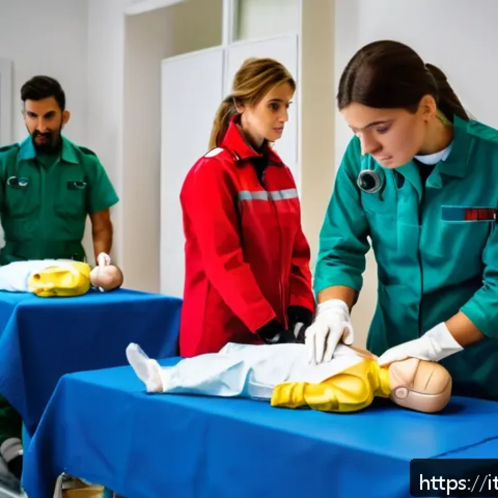 응급구조사 교육기관 추천 - A realistic training scene inside a modern Italian emergency responder school classroom, featuring d...