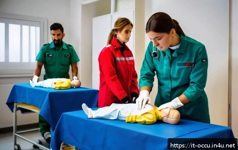 응급구조사 교육기관 추천 - A realistic training scene inside a modern Italian emergency responder school classroom, featuring d...
