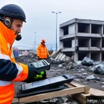 Home 22 응급구조사와 무전기 사용 요령 - A professional emergency response team member wearing a high-visibility jacket and protective gloves...