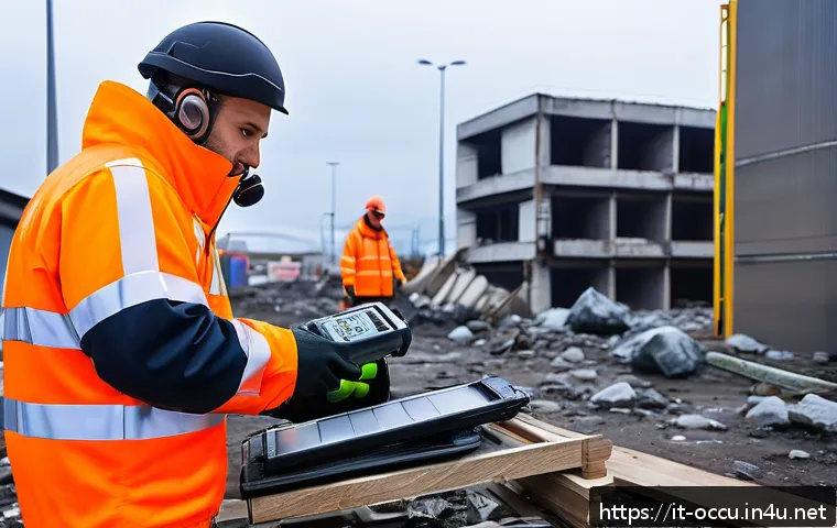 응급구조사와 무전기 사용 요령 - A professional emergency response team member wearing a high-visibility jacket and protective gloves...