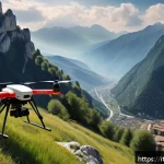 Home 21 응급구조사와 드론 의료 - A highly detailed scene showing an advanced rescue drone flying over a rugged mountainous terrain in...