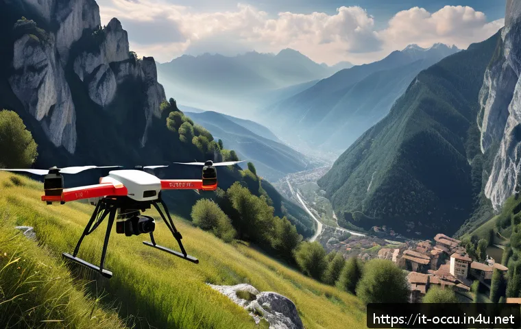 응급구조사와 드론 의료 - A highly detailed scene showing an advanced rescue drone flying over a rugged mountainous terrain in...