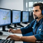 Home 19 응급구조사와 119 신고 분석 - A calm and professional emergency call center operator wearing a headset, sitting at a modern dispat...