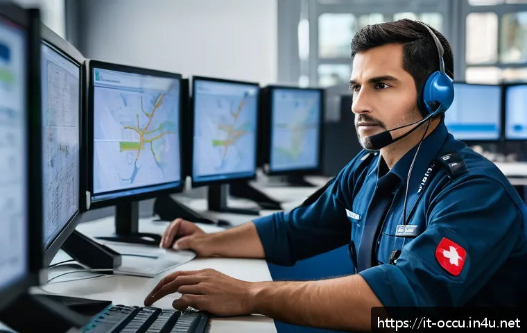 응급구조사와 119 신고 분석 - A calm and professional emergency call center operator wearing a headset, sitting at a modern dispat...