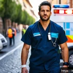 Home 18 응급구조사와 데이터 기반 분석 - A high-tech emergency medical responder wearing advanced wearable health monitoring devices on their...