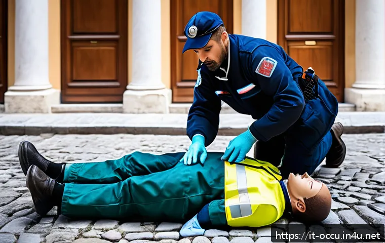 응급구조사 단기 교육 프로그램 - A detailed scene of an emergency first responder performing cardiopulmonary resuscitation (CPR) on a...