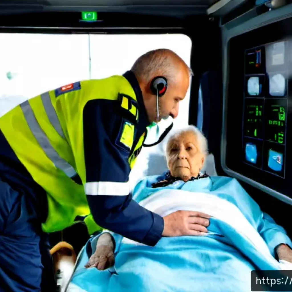응급구조사와 환자 상태 보고 - Photorealistic emergency scene inside a modern Italian ambulance, an Italian paramedic in a navy uni...