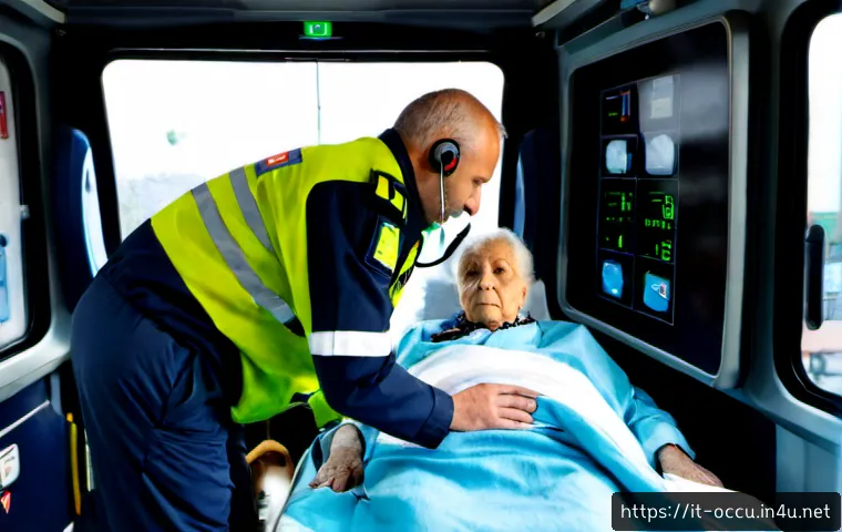 응급구조사와 환자 상태 보고 - Photorealistic emergency scene inside a modern Italian ambulance, an Italian paramedic in a navy uni...