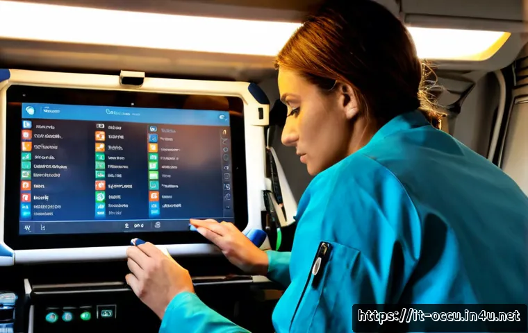 응급구조사 출동 후 보고서 작성법 - Photorealistic Italian emergency medical technician in a clean ambulance workstation after a call, w...