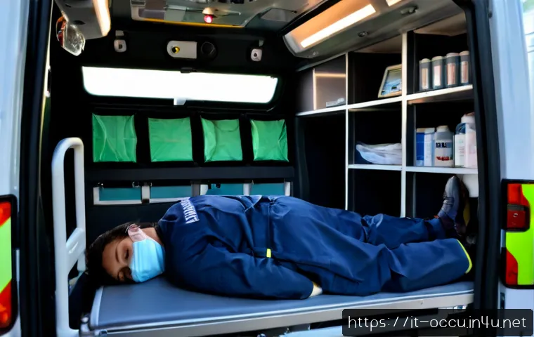 Home 17 응급구조사와 환자 기록 관리 - Photorealistic Italian emergency medical team inside a modern ambulance, a focused paramedic in navy...